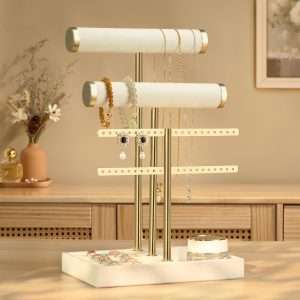 3 Tier Bracelet Holder Display - Detachable T Bar Beige Velvet Bracelet Holder, Jewelry Holder Organizer for Bracelet, Necklace, Earrings, Rings - 2