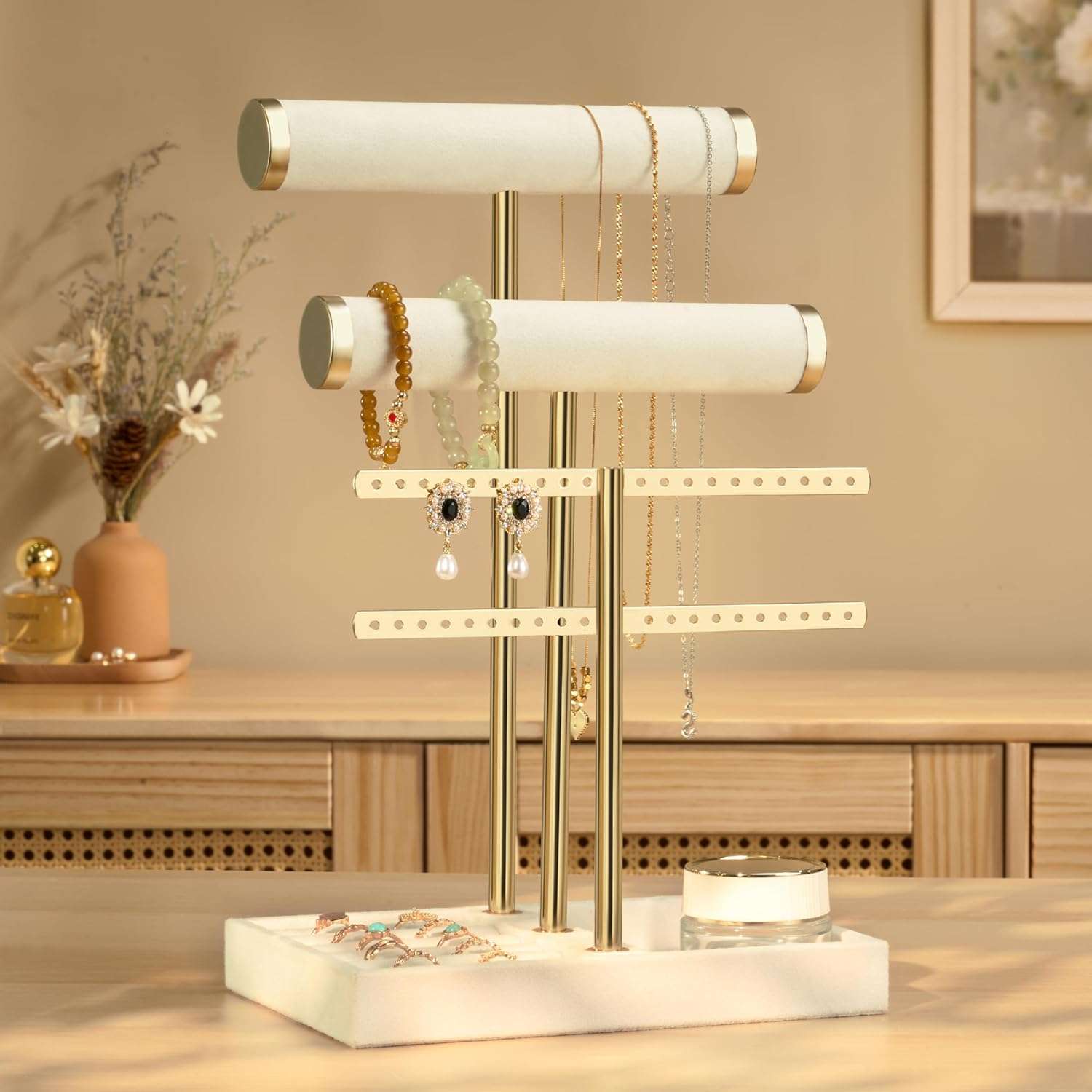 3 Tier Bracelet Holder Display - Detachable T Bar Beige Velvet Bracelet Holder, Jewelry Holder Organizer for Bracelet, Necklace, Earrings, Rings - 2