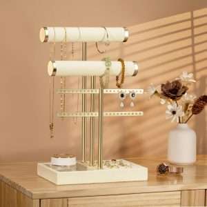3 Tier Bracelet Holder Display - Detachable T Bar Beige Velvet Bracelet Holder, Jewelry Holder Organizer for Bracelet, Necklace, Earrings, Rings - 3