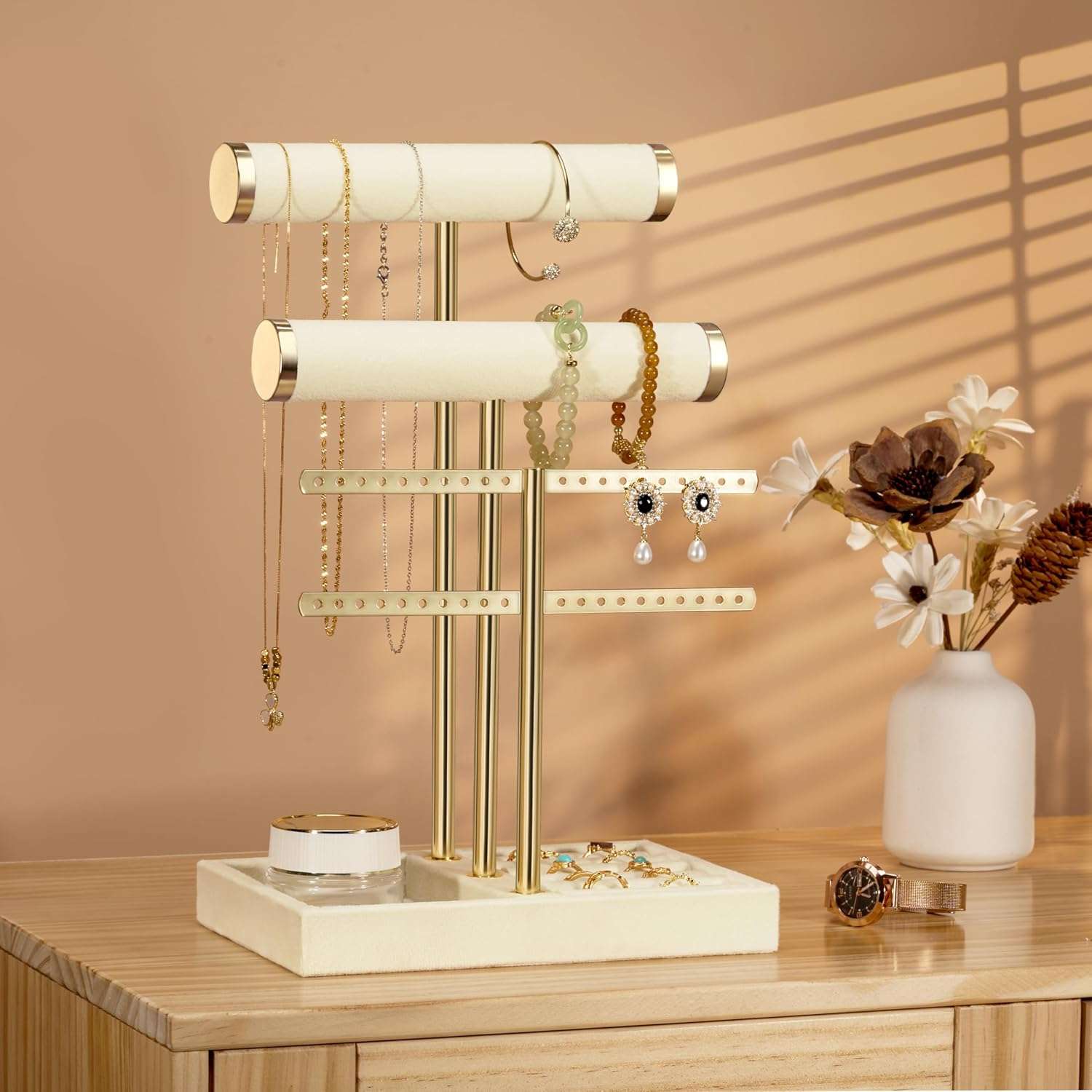 3 Tier Bracelet Holder Display - Detachable T Bar Beige Velvet Bracelet Holder, Jewelry Holder Organizer for Bracelet, Necklace, Earrings, Rings - 3