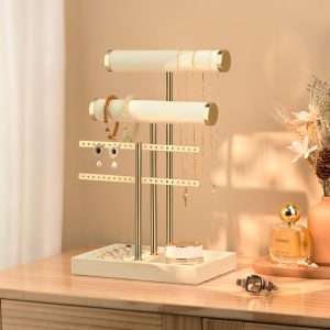 3 Tier Bracelet Holder Display - Detachable T Bar Beige Velvet Bracelet Holder, Jewelry Holder Organizer for Bracelet, Necklace, Earrings, Rings - 4