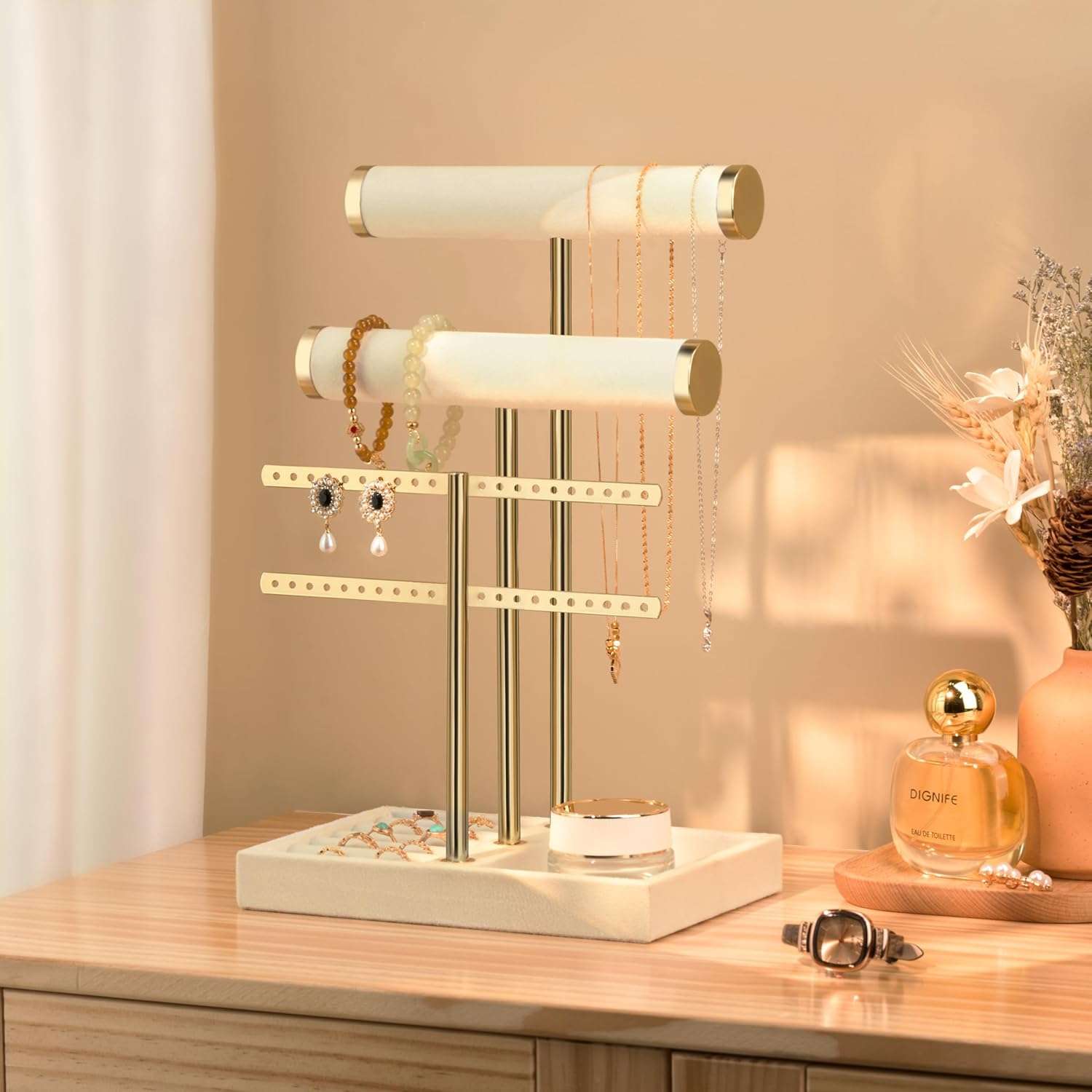 3 Tier Bracelet Holder Display - Detachable T Bar Beige Velvet Bracelet Holder, Jewelry Holder Organizer for Bracelet, Necklace, Earrings, Rings - 4