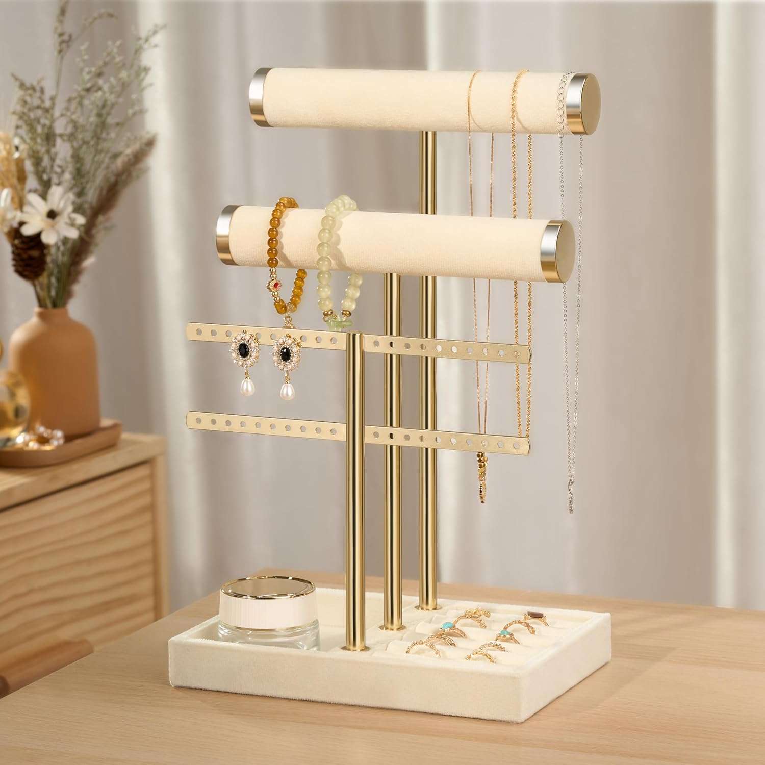 3 Tier Bracelet Holder Display - Detachable T Bar Beige Velvet Bracelet Holder, Jewelry Holder Organizer for Bracelet, Necklace, Earrings, Rings - 5