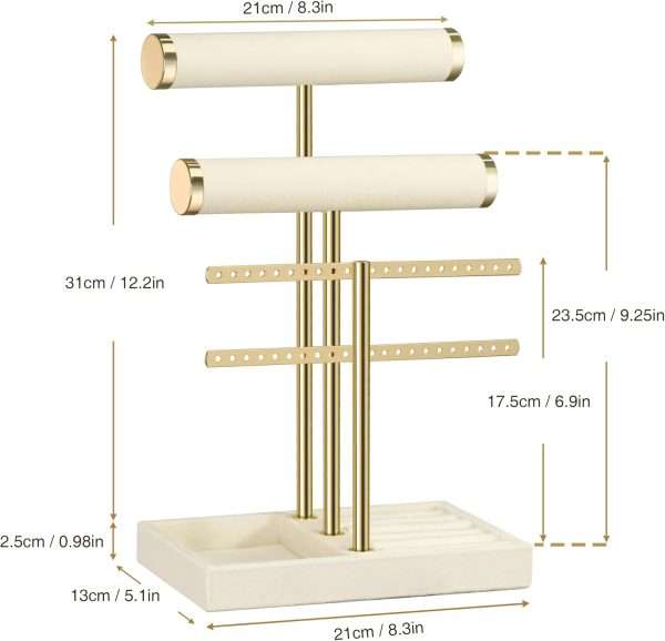 3 Tier Bracelet Holder Display - Detachable T Bar Beige Velvet Bracelet Holder, Jewelry Holder Organizer for Bracelet, Necklace, Earrings, Rings - 7