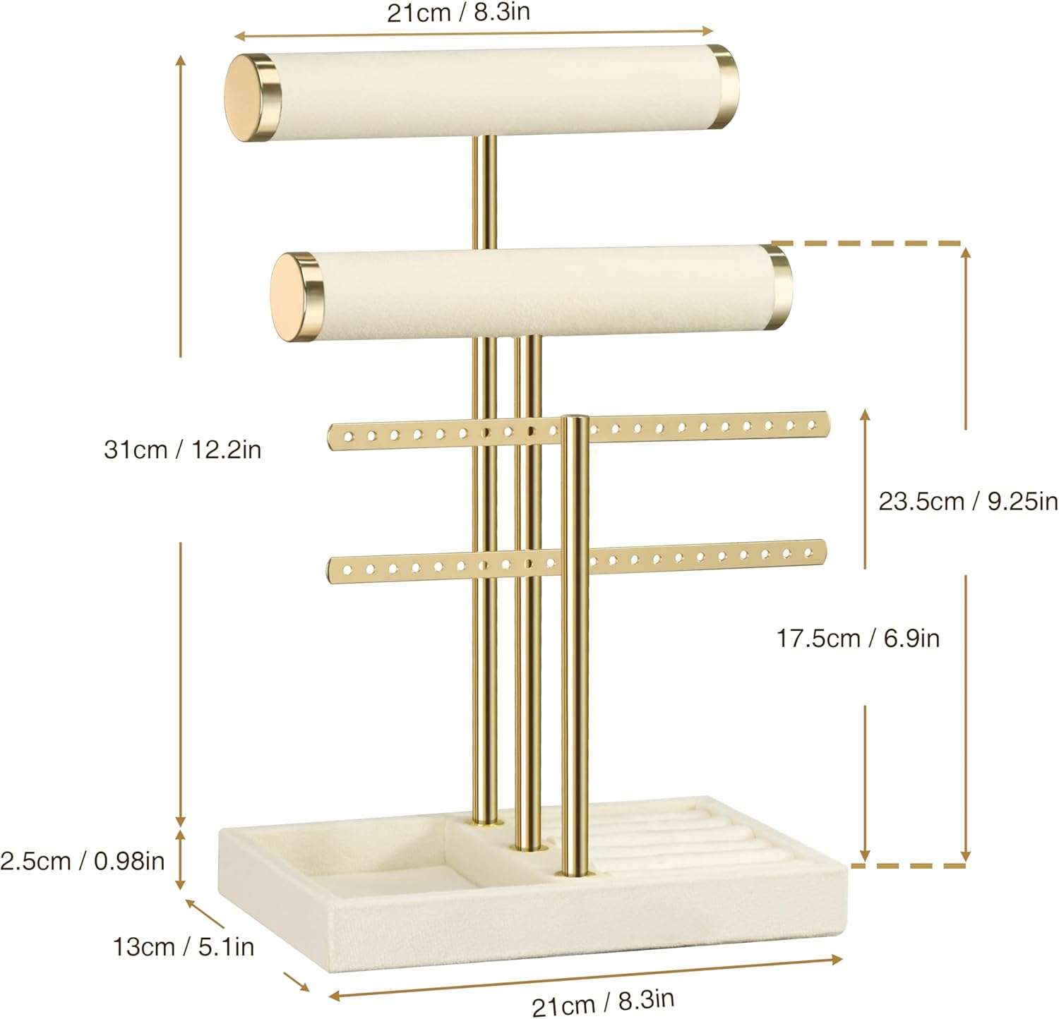 3 Tier Bracelet Holder Display - Detachable T Bar Beige Velvet Bracelet Holder, Jewelry Holder Organizer for Bracelet, Necklace, Earrings, Rings - 7