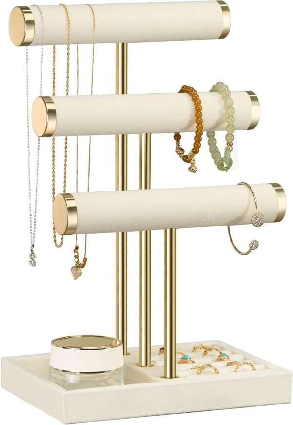 3 Tier Bracelet Holder Display - Detachable T Bar Beige Velvet Bracelet Holder, Jewelry Holder Organizer for Bracelet, Necklace, Watches, Rings - 1