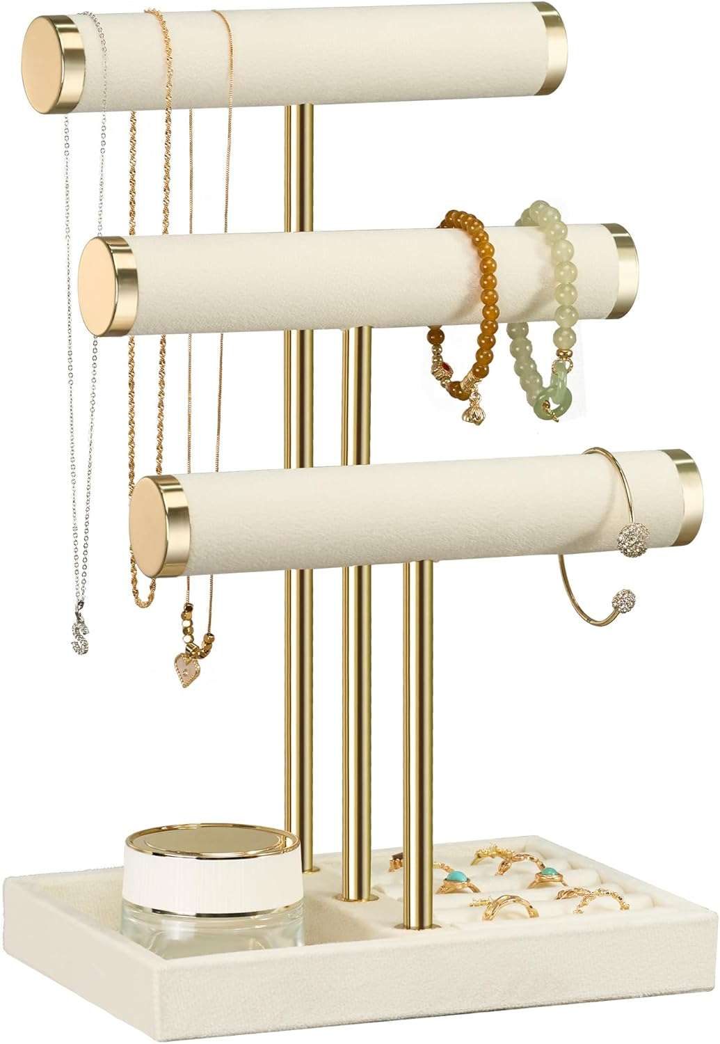3 Tier Bracelet Holder Display - Detachable T Bar Beige Velvet Bracelet Holder, Jewelry Holder Organizer for Bracelet, Necklace, Watches, Rings - 1