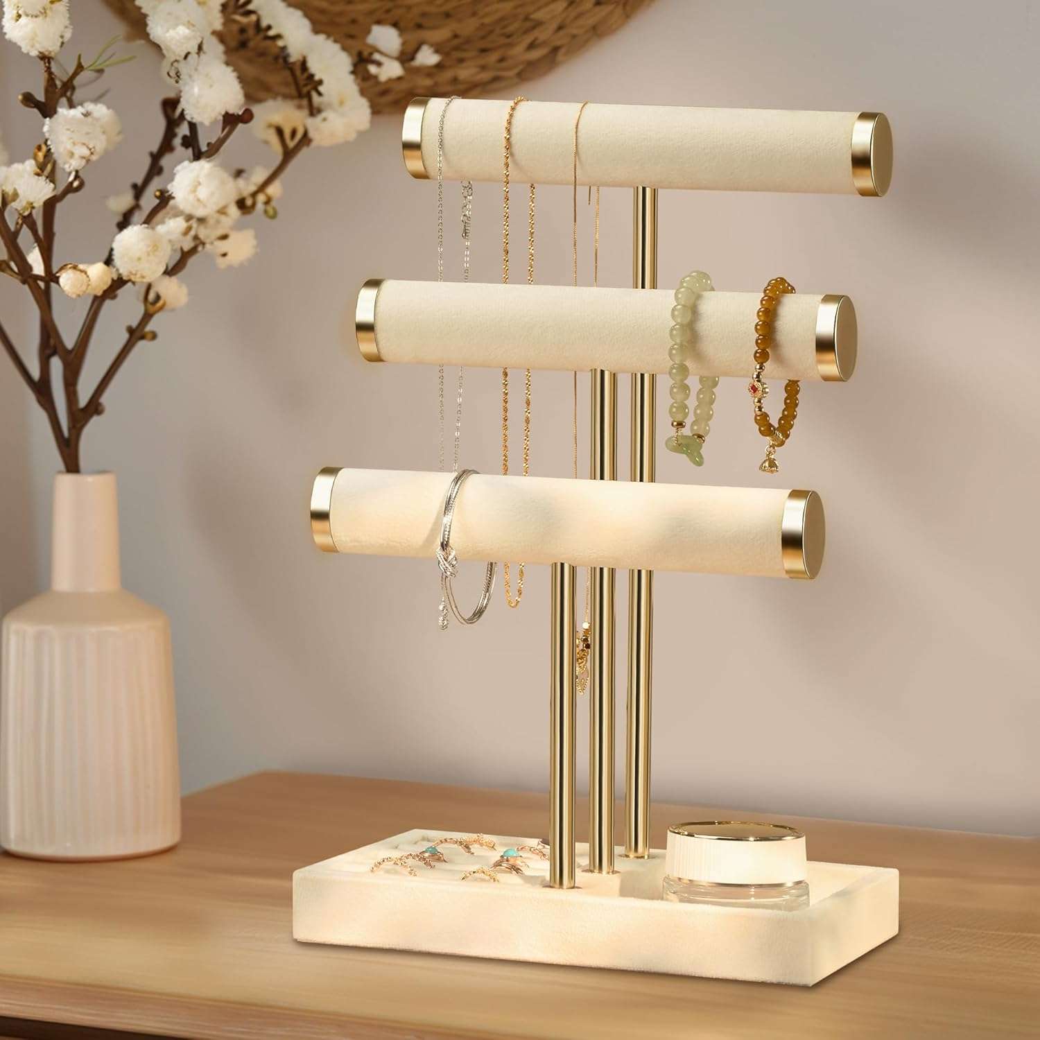 3 Tier Bracelet Holder Display - Detachable T Bar Beige Velvet Bracelet Holder, Jewelry Holder Organizer for Bracelet, Necklace, Watches, Rings - 2