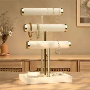 3 Tier Bracelet Holder Display - Detachable T Bar Beige Velvet Bracelet Holder, Jewelry Holder Organizer for Bracelet, Necklace, Watches, Rings - 3