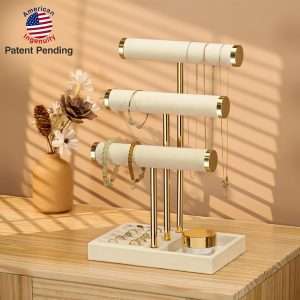 3 Tier Bracelet Holder Display - Detachable T Bar Beige Velvet Bracelet Holder, Jewelry Holder Organizer for Bracelet, Necklace, Watches, Rings - 4