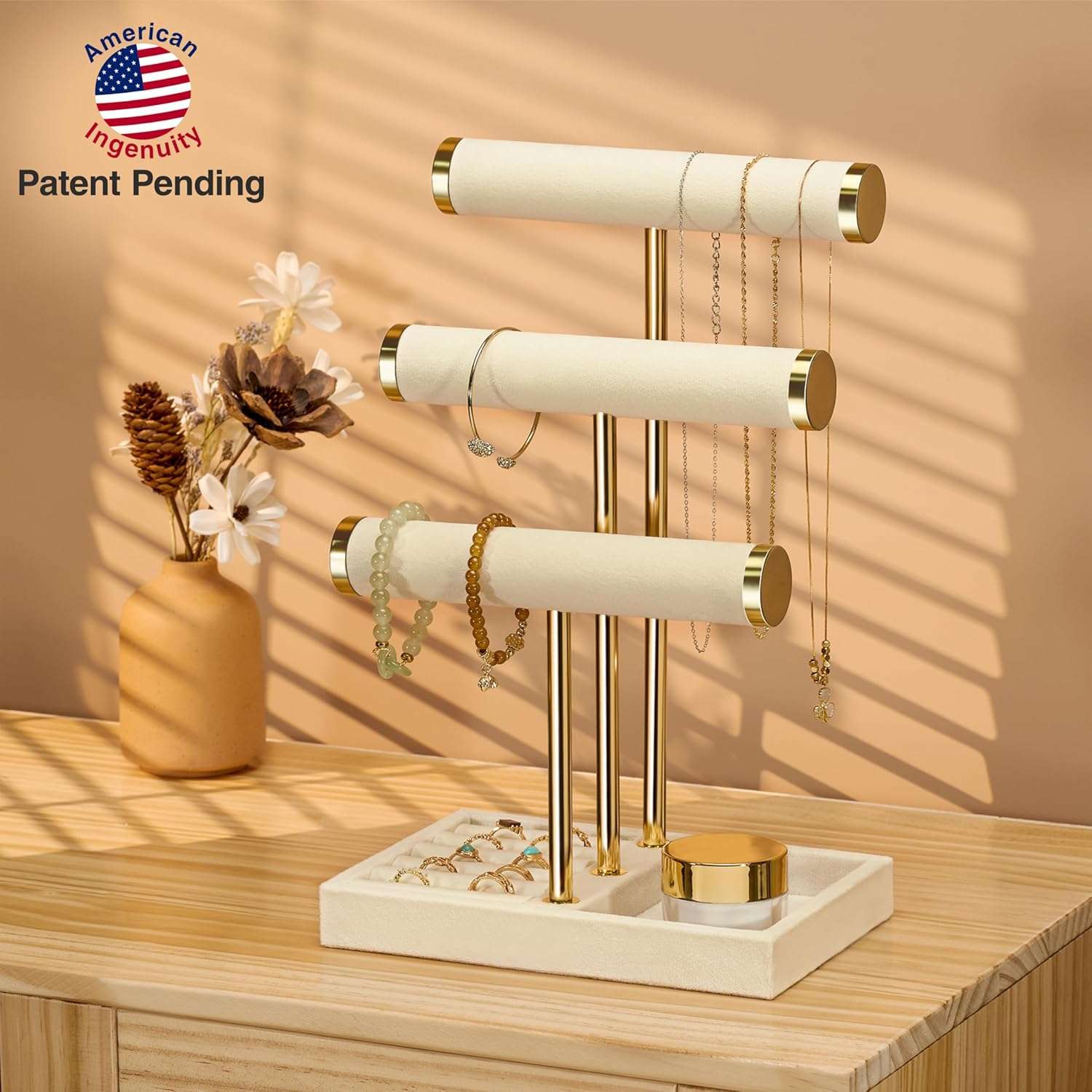 3 Tier Bracelet Holder Display - Detachable T Bar Beige Velvet Bracelet Holder, Jewelry Holder Organizer for Bracelet, Necklace, Watches, Rings - 4