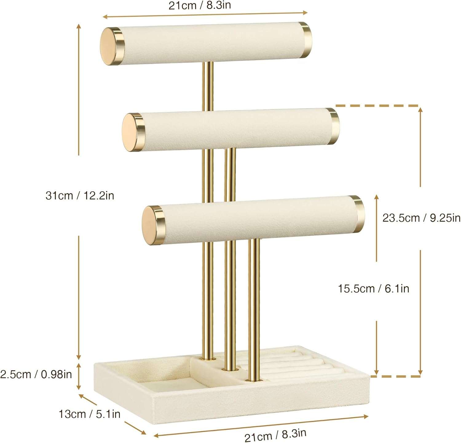 3 Tier Bracelet Holder Display - Detachable T Bar Beige Velvet Bracelet Holder, Jewelry Holder Organizer for Bracelet, Necklace, Watches, Rings - 6