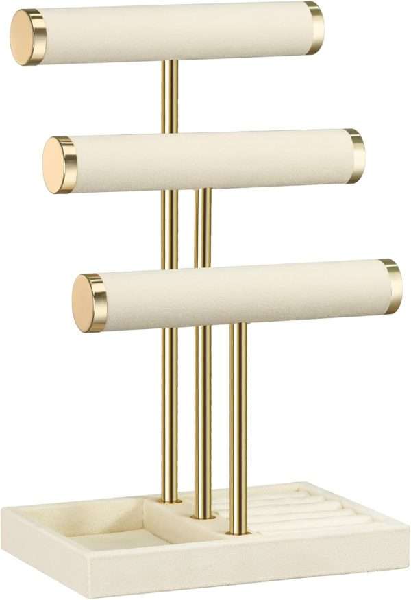 3 Tier Bracelet Holder Display - Detachable T Bar Beige Velvet Bracelet Holder, Jewelry Holder Organizer for Bracelet, Necklace, Watches, Rings - 7