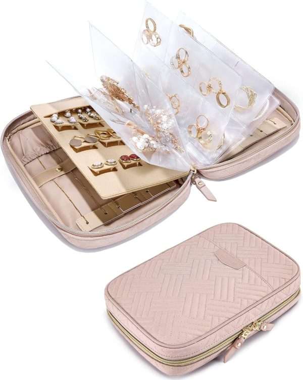 BAGSMART Jewelry Travel Organizer Case for Home Jewelry Organizer Storage Ring Binder Jewelry Bags Clear Jewelry Rolls Zipper Pouch Bag for Necklaces, Earrings, Rings, Bracelets, Pink - 1