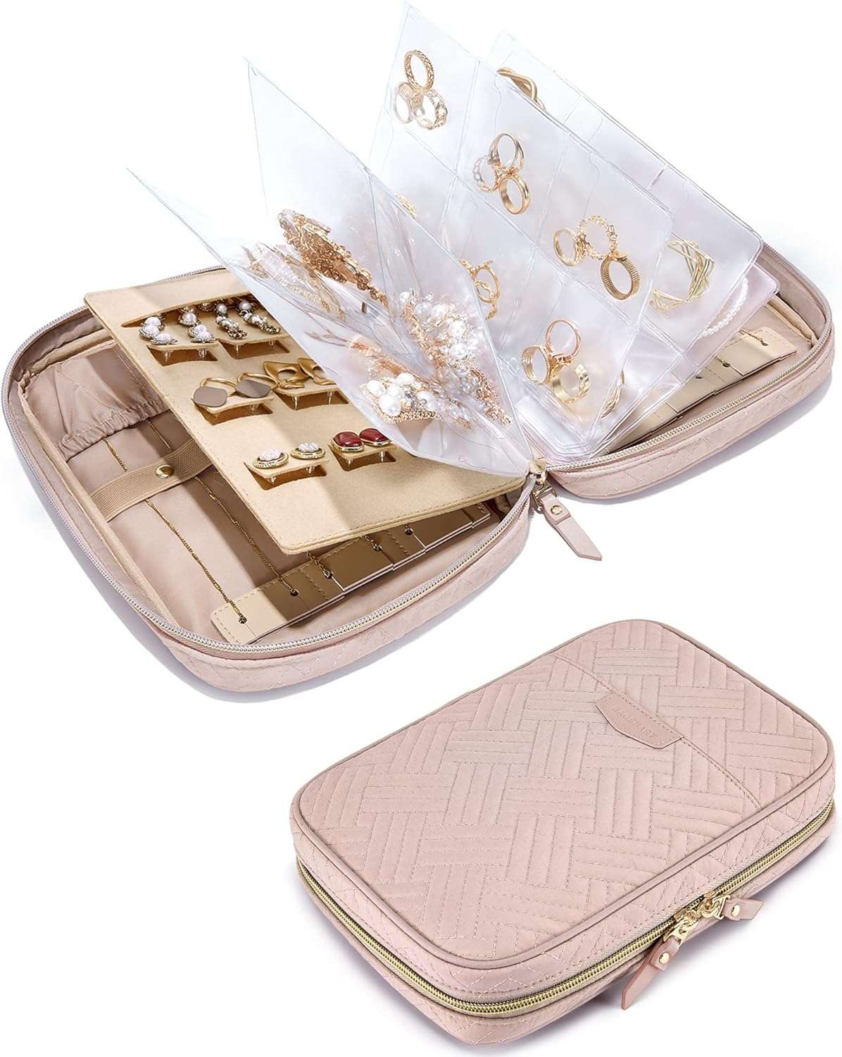 BAGSMART Jewelry Travel Organizer Case for Home Jewelry Organizer Storage Ring Binder Jewelry Bags Clear Jewelry Rolls Zipper Pouch Bag for Necklaces, Earrings, Rings, Bracelets, Pink - 1