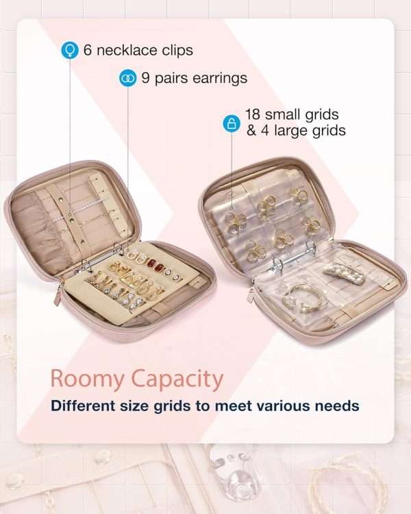 BAGSMART Jewelry Travel Organizer Case for Home Jewelry Organizer Storage Ring Binder Jewelry Bags Clear Jewelry Rolls Zipper Pouch Bag for Necklaces, Earrings, Rings, Bracelets, Pink - 2