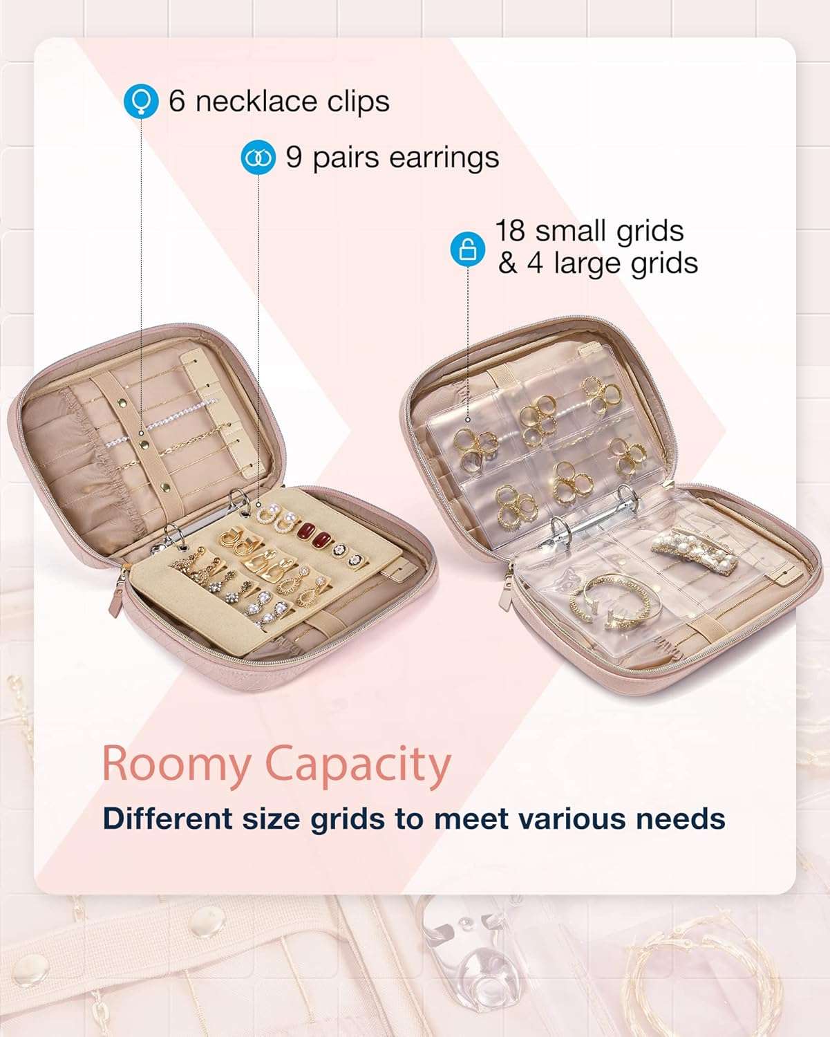 BAGSMART Jewelry Travel Organizer Case for Home Jewelry Organizer Storage Ring Binder Jewelry Bags Clear Jewelry Rolls Zipper Pouch Bag for Necklaces, Earrings, Rings, Bracelets, Pink - 2