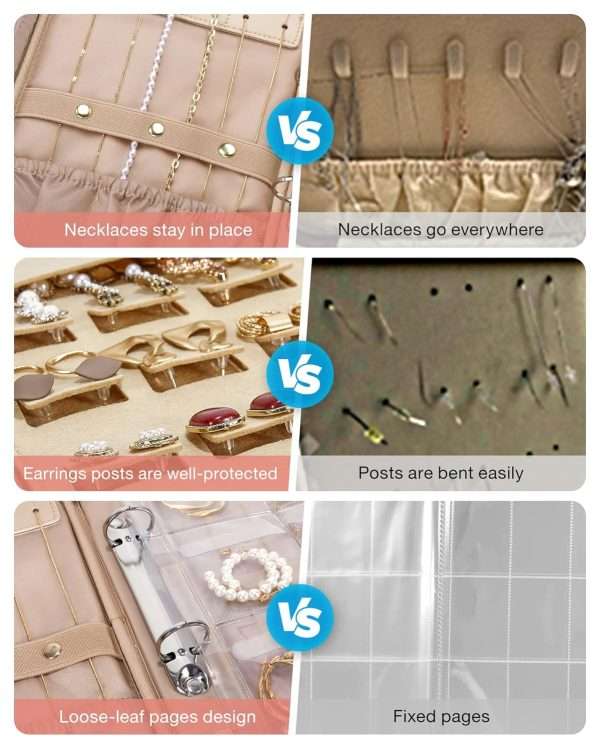 BAGSMART Jewelry Travel Organizer Case for Home Jewelry Organizer Storage Ring Binder Jewelry Bags Clear Jewelry Rolls Zipper Pouch Bag for Necklaces, Earrings, Rings, Bracelets, Pink - 3