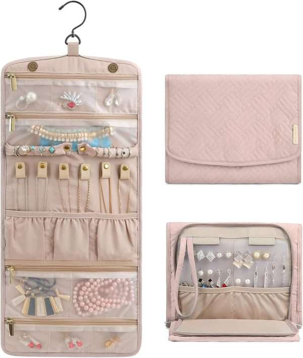 BAGSMART Travel Hanging Jewelry Organizer Case Foldable Jewelry Roll with Hanger for Journey Rings, Necklaces, Bracelets, Earrings, Soft Pink - 1