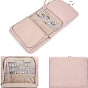BAGSMART Travel Hanging Jewelry Organizer Case Foldable Jewelry Roll with Hanger for Journey Rings, Necklaces, Bracelets, Earrings, Soft Pink - 3