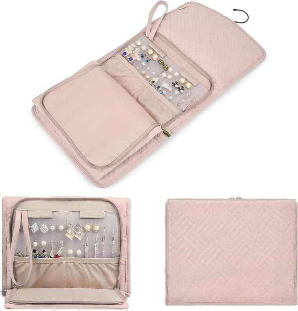 BAGSMART Travel Hanging Jewelry Organizer Case Foldable Jewelry Roll with Hanger for Journey Rings, Necklaces, Bracelets, Earrings, Soft Pink - 3