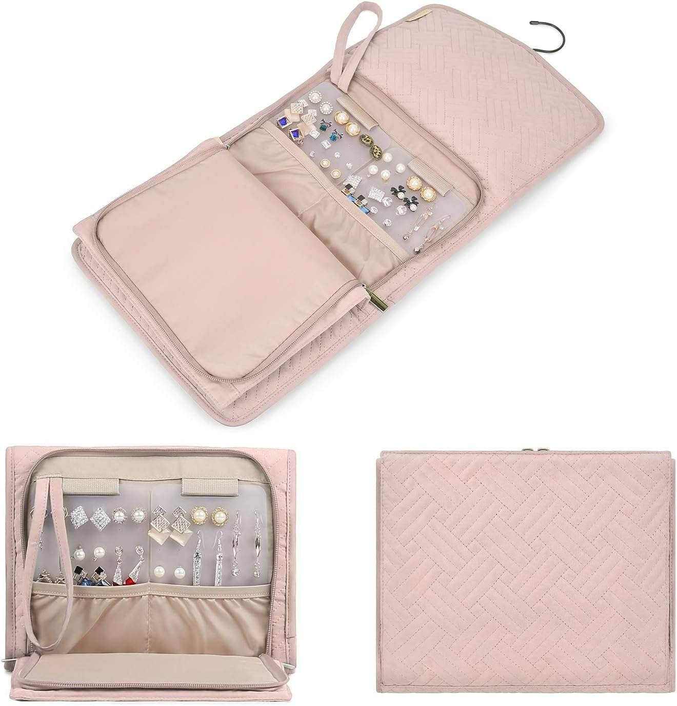 BAGSMART Travel Hanging Jewelry Organizer Case Foldable Jewelry Roll with Hanger for Journey Rings, Necklaces, Bracelets, Earrings, Soft Pink - 3