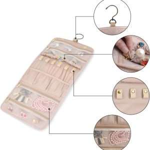 BAGSMART Travel Hanging Jewelry Organizer Case Foldable Jewelry Roll with Hanger for Journey Rings, Necklaces, Bracelets, Earrings, Soft Pink - 4