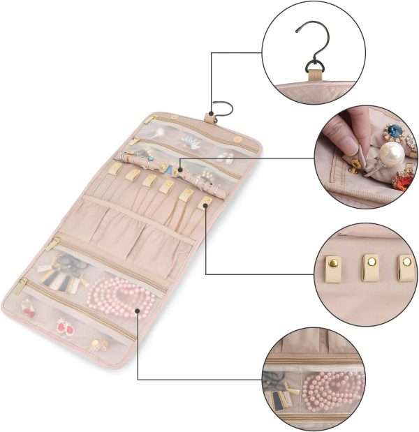 BAGSMART Travel Hanging Jewelry Organizer Case Foldable Jewelry Roll with Hanger for Journey Rings, Necklaces, Bracelets, Earrings, Soft Pink - 4