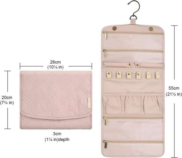 BAGSMART Travel Hanging Jewelry Organizer Case Foldable Jewelry Roll with Hanger for Journey Rings, Necklaces, Bracelets, Earrings, Soft Pink - 5