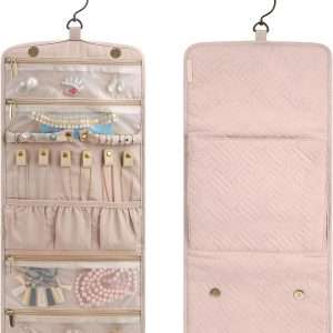 BAGSMART Travel Hanging Jewelry Organizer Case Foldable Jewelry Roll with Hanger for Journey Rings, Necklaces, Bracelets, Earrings, Soft Pink - 8