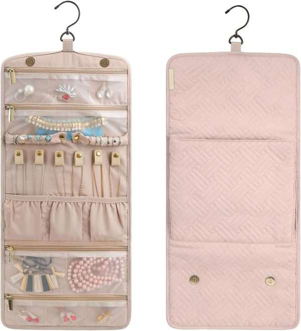 BAGSMART Travel Hanging Jewelry Organizer Case Foldable Jewelry Roll with Hanger for Journey Rings, Necklaces, Bracelets, Earrings, Soft Pink - 8