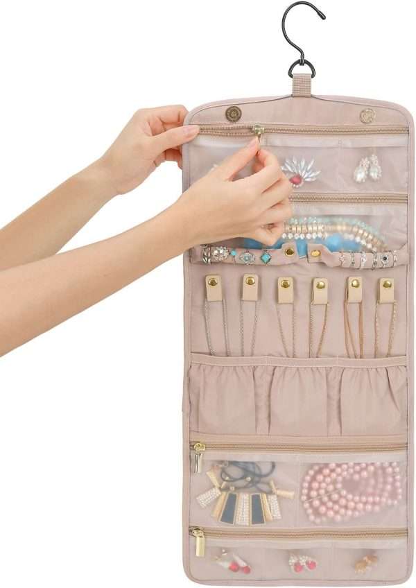BAGSMART Travel Hanging Jewelry Organizer Case Foldable Jewelry Roll with Hanger for Journey Rings, Necklaces, Bracelets, Earrings, Soft Pink - 9