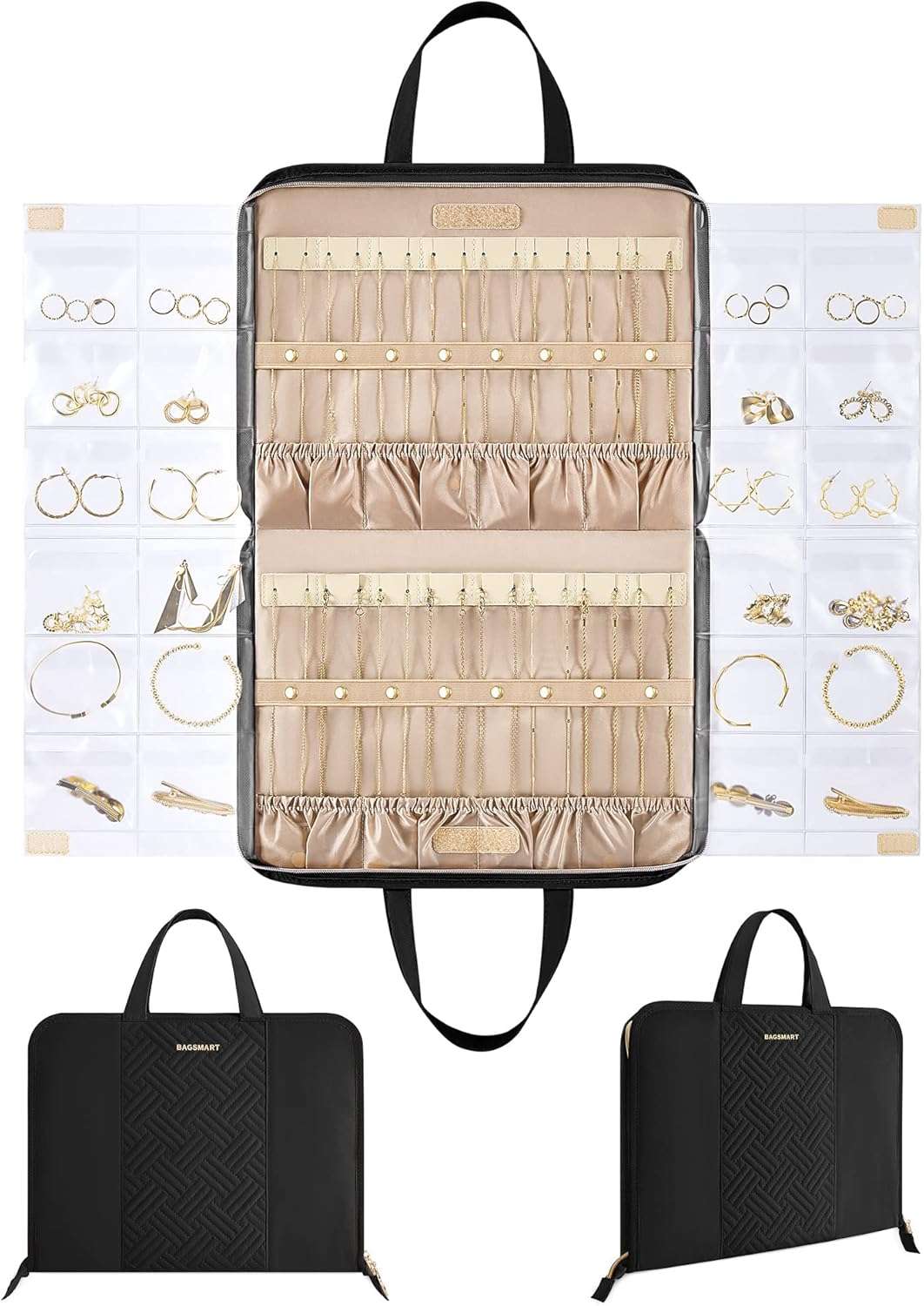BAGSMART Travel Jewelry Organizer Case Portable Jewelry Roll Bag Tangle-free Necklace Storage Foldable Transparent Pockets for Earrings Rings Bracelet Travel Essentials Black - 1
