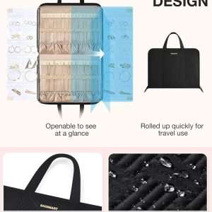 BAGSMART Travel Jewelry Organizer Case Portable Jewelry Roll Bag Tangle-free Necklace Storage Foldable Transparent Pockets for Earrings Rings Bracelet Travel Essentials Black - 2
