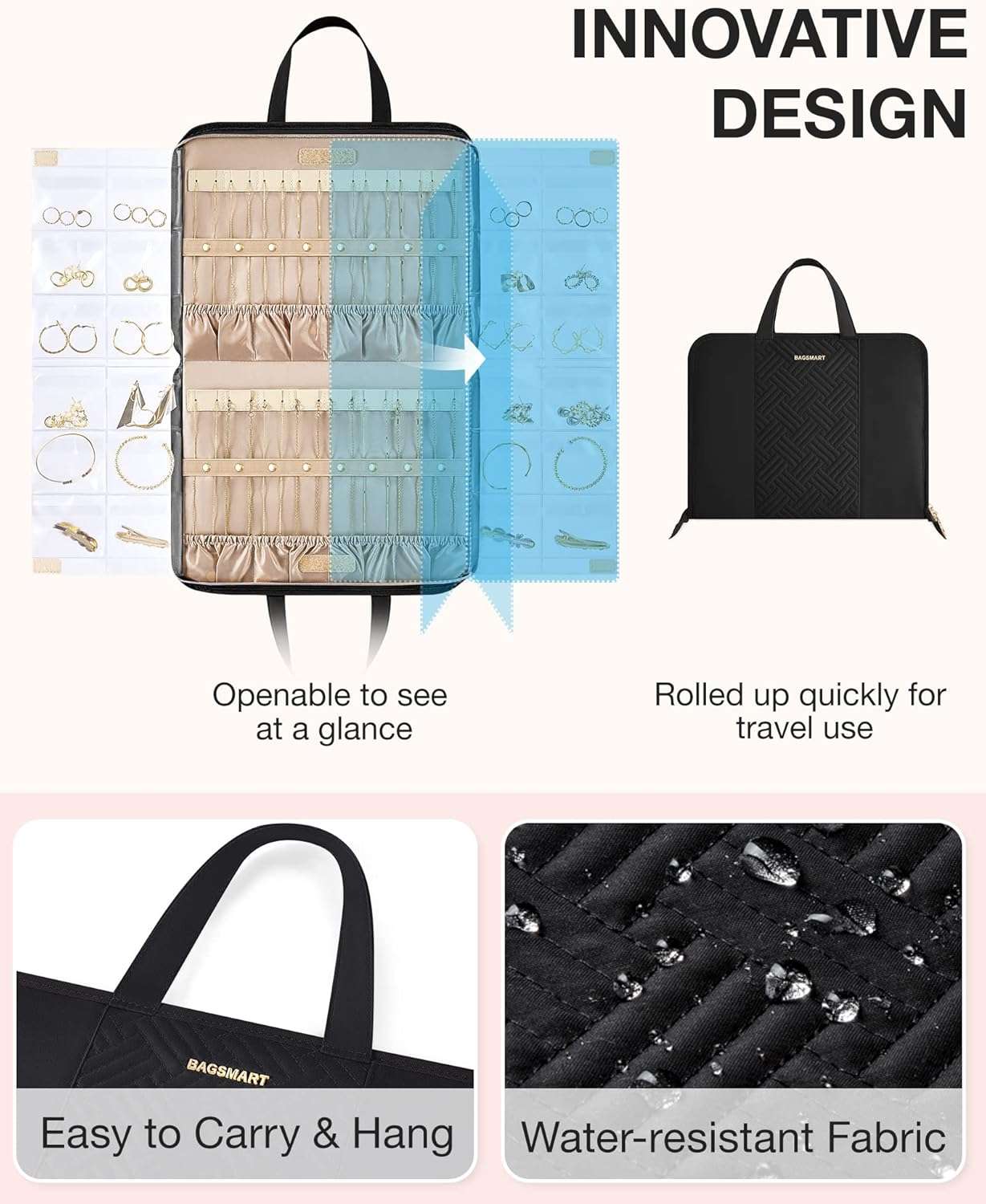 BAGSMART Travel Jewelry Organizer Case Portable Jewelry Roll Bag Tangle-free Necklace Storage Foldable Transparent Pockets for Earrings Rings Bracelet Travel Essentials Black - 2
