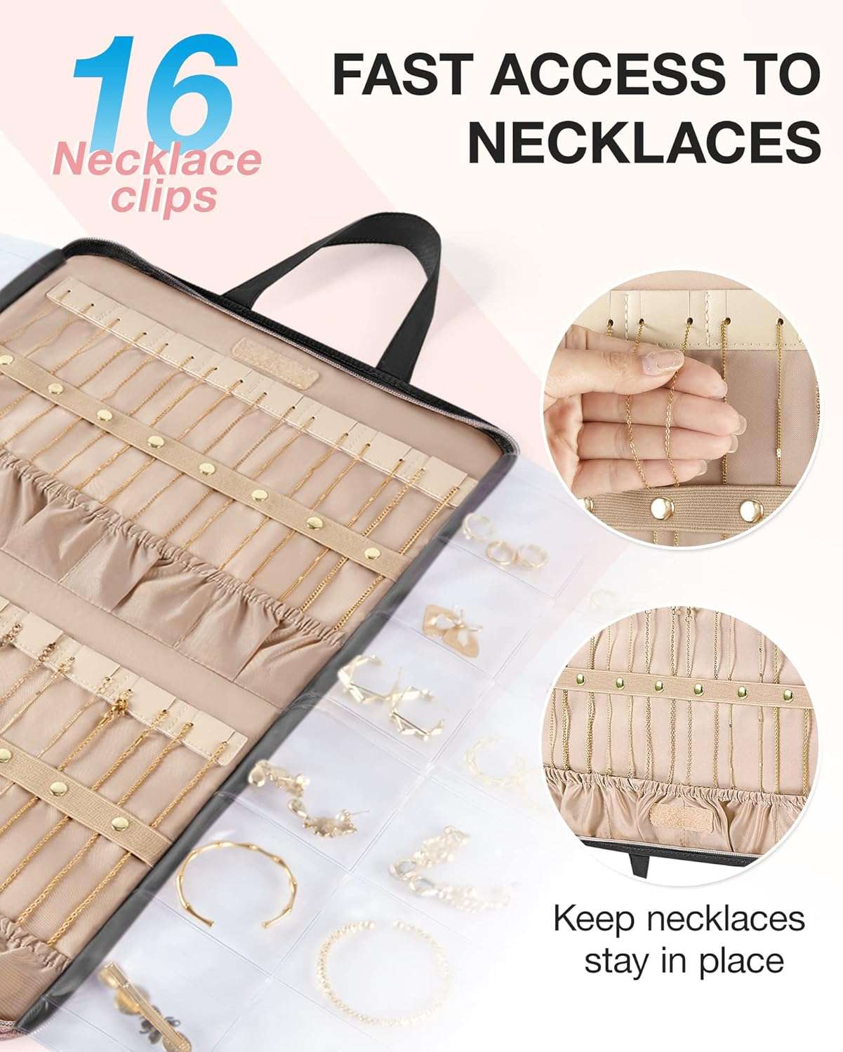BAGSMART Travel Jewelry Organizer Case Portable Jewelry Roll Bag Tangle-free Necklace Storage Foldable Transparent Pockets for Earrings Rings Bracelet Travel Essentials Black - 3