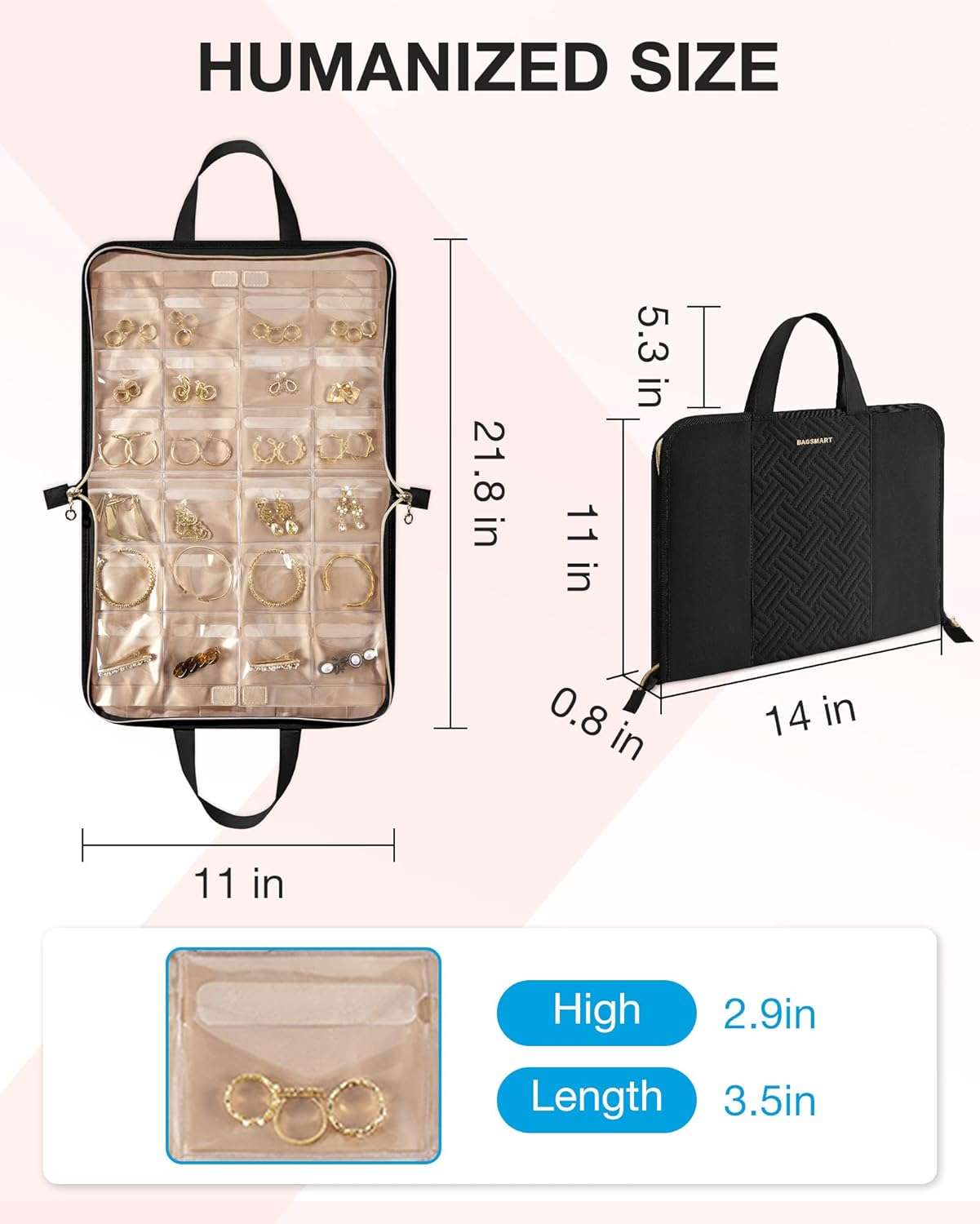 BAGSMART Travel Jewelry Organizer Case Portable Jewelry Roll Bag Tangle-free Necklace Storage Foldable Transparent Pockets for Earrings Rings Bracelet Travel Essentials Black - 5