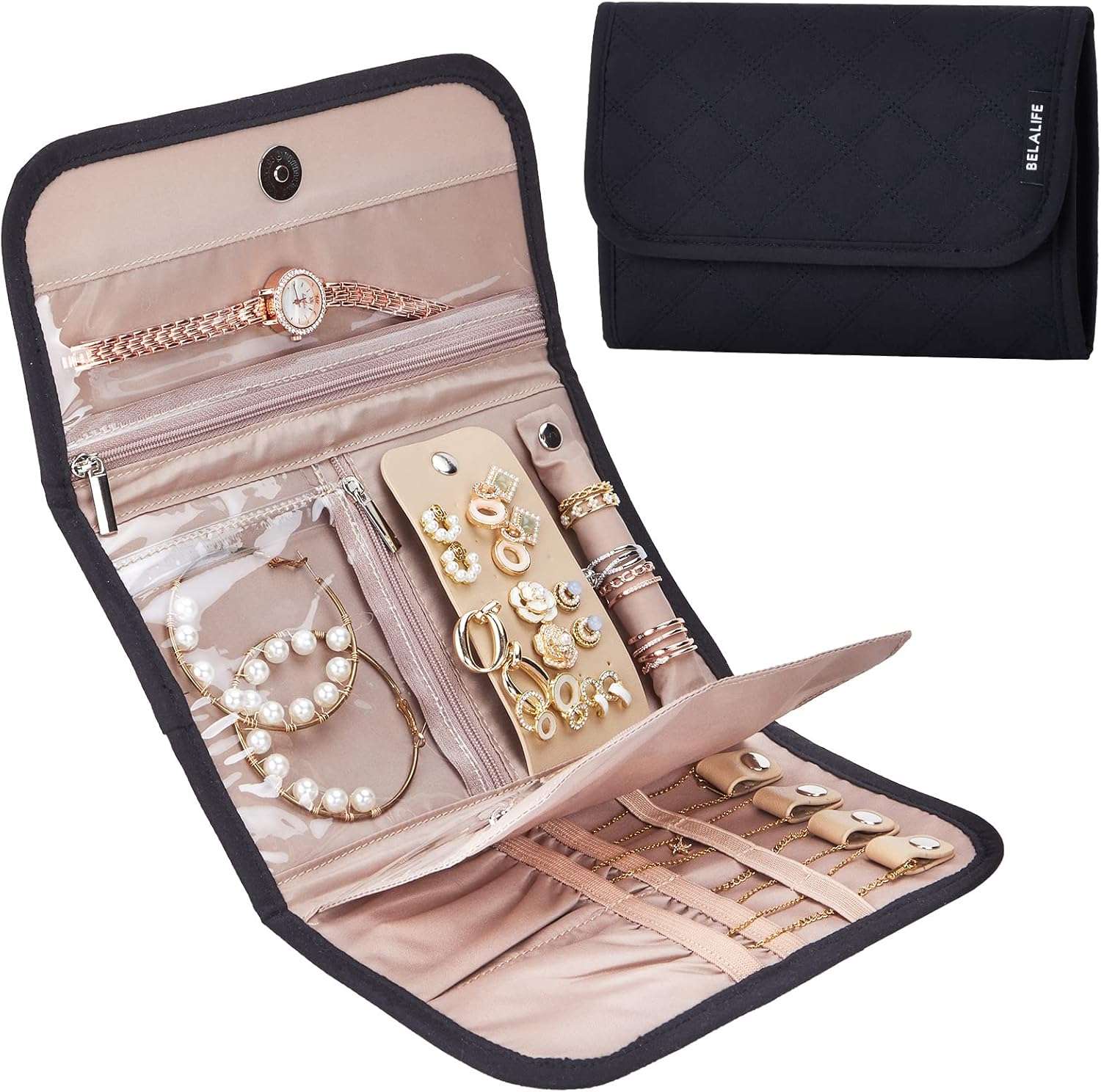 BELALIFE Travel Jewelry Case Organizer, Foldable Storage Roll for Earrings, Necklaces, Rings, Bracelets, Brooches, Black - 1