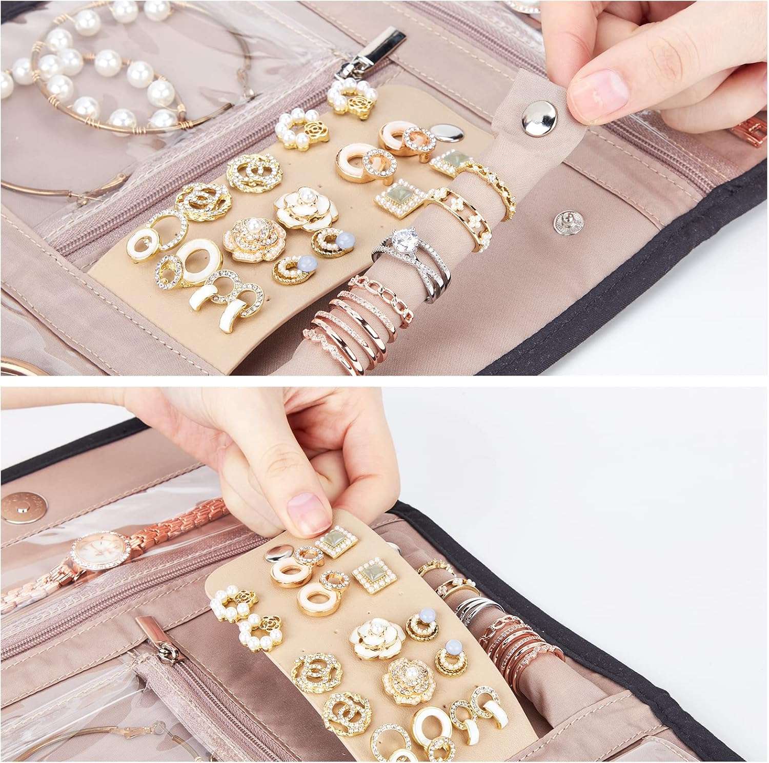 BELALIFE Travel Jewelry Case Organizer, Foldable Storage Roll for Earrings, Necklaces, Rings, Bracelets, Brooches, Black - 3