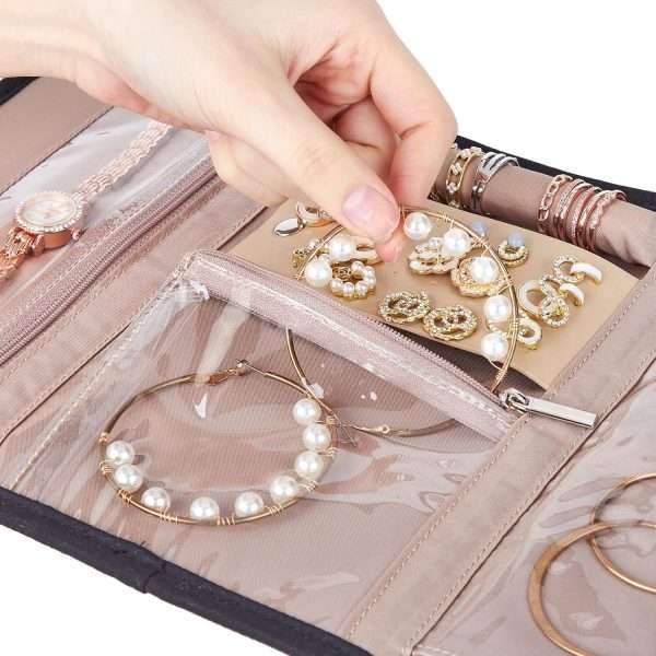BELALIFE Travel Jewelry Case Organizer, Foldable Storage Roll for Earrings, Necklaces, Rings, Bracelets, Brooches, Black - 4