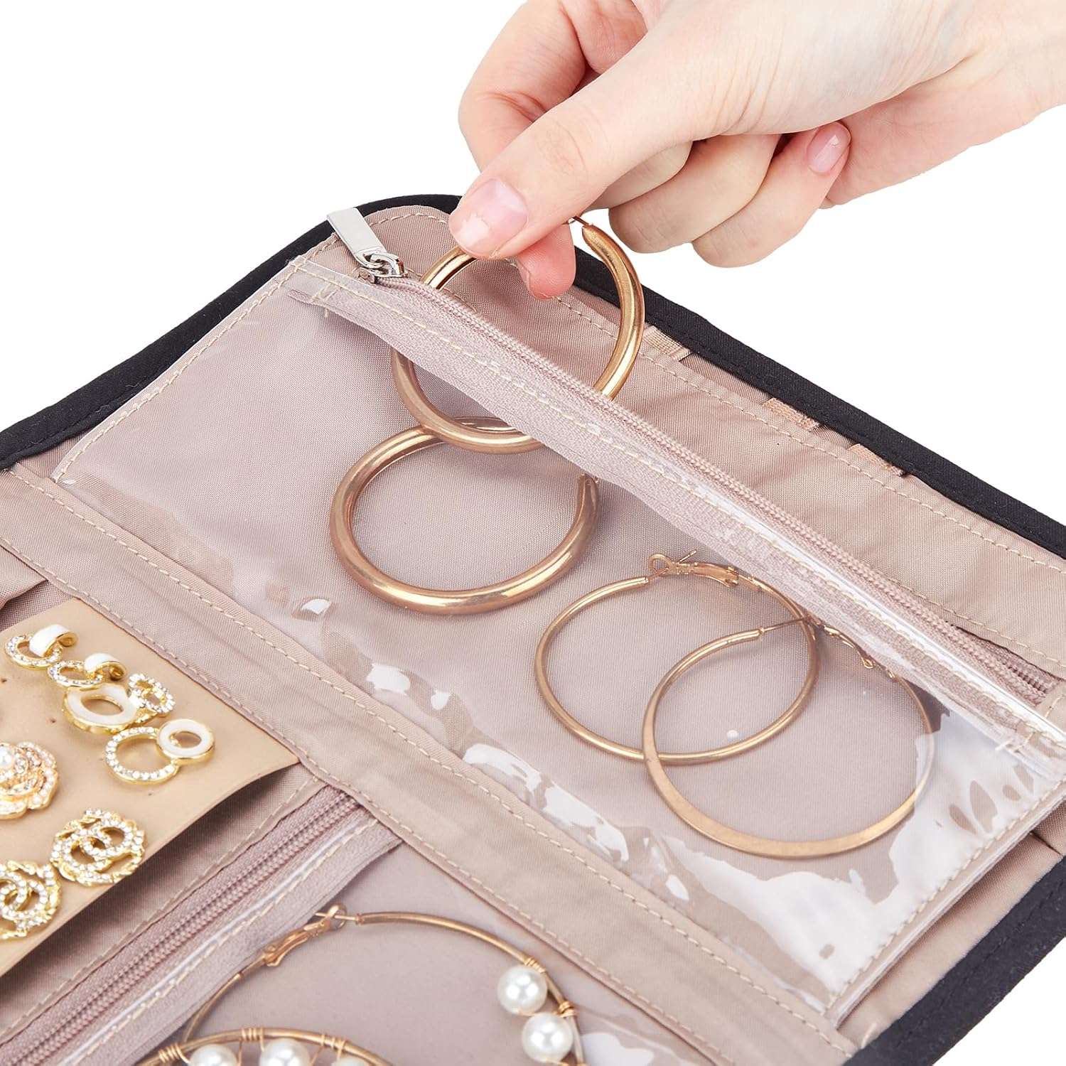 BELALIFE Travel Jewelry Case Organizer, Foldable Storage Roll for Earrings, Necklaces, Rings, Bracelets, Brooches, Black - 5