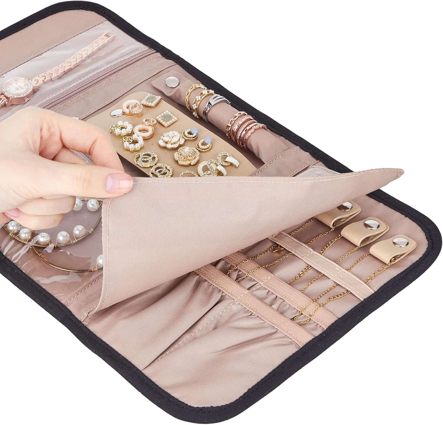 BELALIFE Travel Jewelry Case Organizer, Foldable Storage Roll for Earrings, Necklaces, Rings, Bracelets, Brooches, Black - 6
