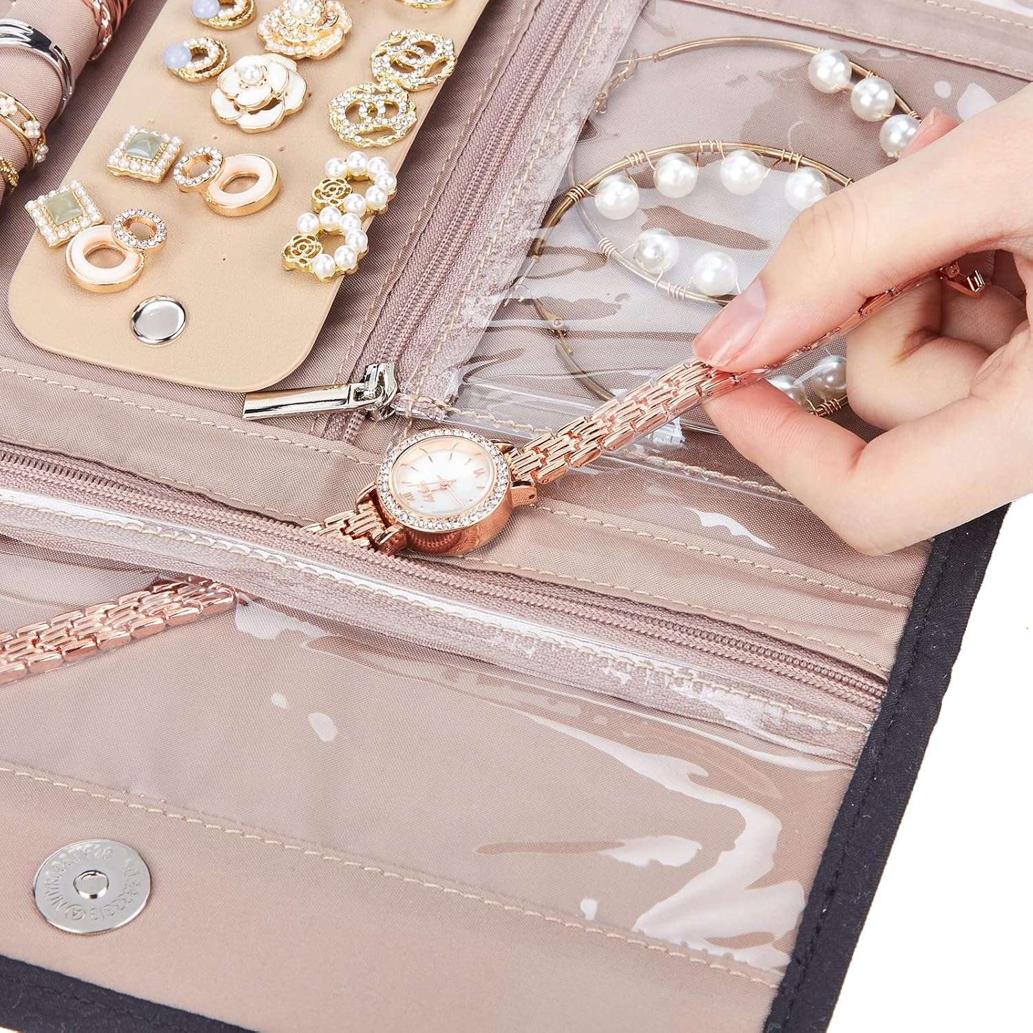 BELALIFE Travel Jewelry Case Organizer, Foldable Storage Roll for Earrings, Necklaces, Rings, Bracelets, Brooches, Black - 7