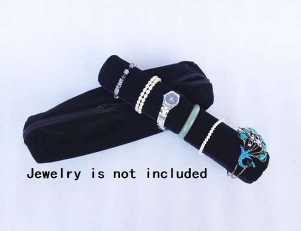 Bracelet Bangle Watch Roll Travel Pouch Jewelry Organizer, Black Gray Velvet Portable Zipper Pouch with Removable Roll Insert for Standard Size - 6