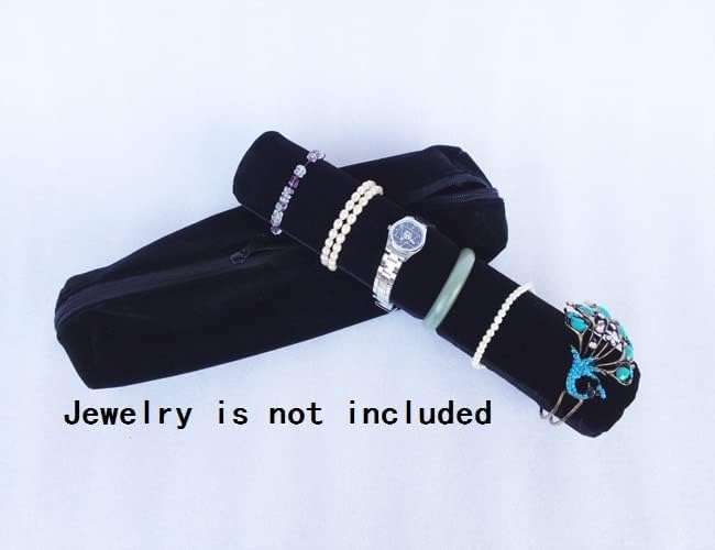 Bracelet Bangle Watch Roll Travel Pouch Jewelry Organizer, Black Gray Velvet Portable Zipper Pouch with Removable Roll Insert for Standard Size - 6