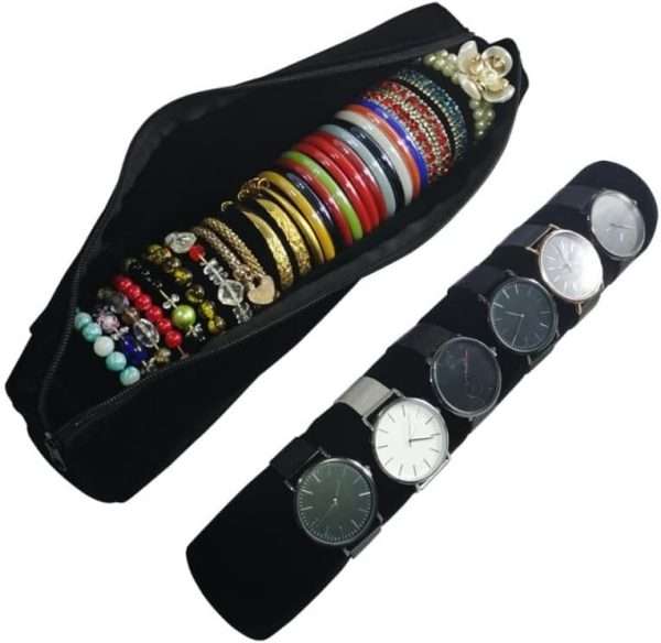 Bracelet Bangle Watch Roll Travel Pouch Jewelry Organizer, Black Gray Velvet Portable Zipper Pouch with Removable Roll Insert for Standard Size - 8