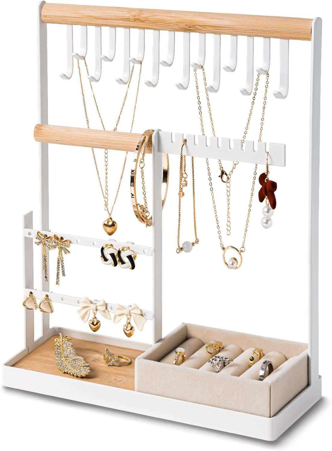 DreamGenius Jewelry Organizer Stand with Velvet Ring Holder, 4 Tier Jewelry Holder Organizer with 15 Hooks for Necklaces and 16 Holes for Earrings, White - 1