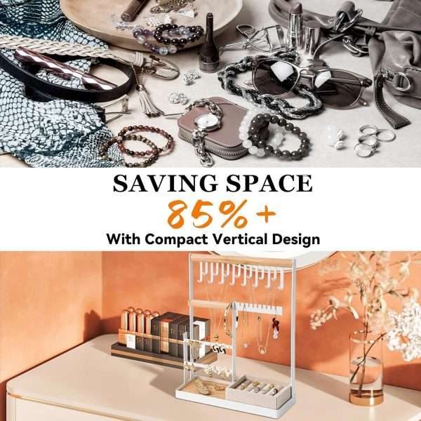 DreamGenius Jewelry Organizer Stand with Velvet Ring Holder, 4 Tier Jewelry Holder Organizer with 15 Hooks for Necklaces and 16 Holes for Earrings, White - 2