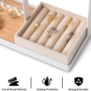 DreamGenius Jewelry Organizer Stand with Velvet Ring Holder, 4 Tier Jewelry Holder Organizer with 15 Hooks for Necklaces and 16 Holes for Earrings, White - 4