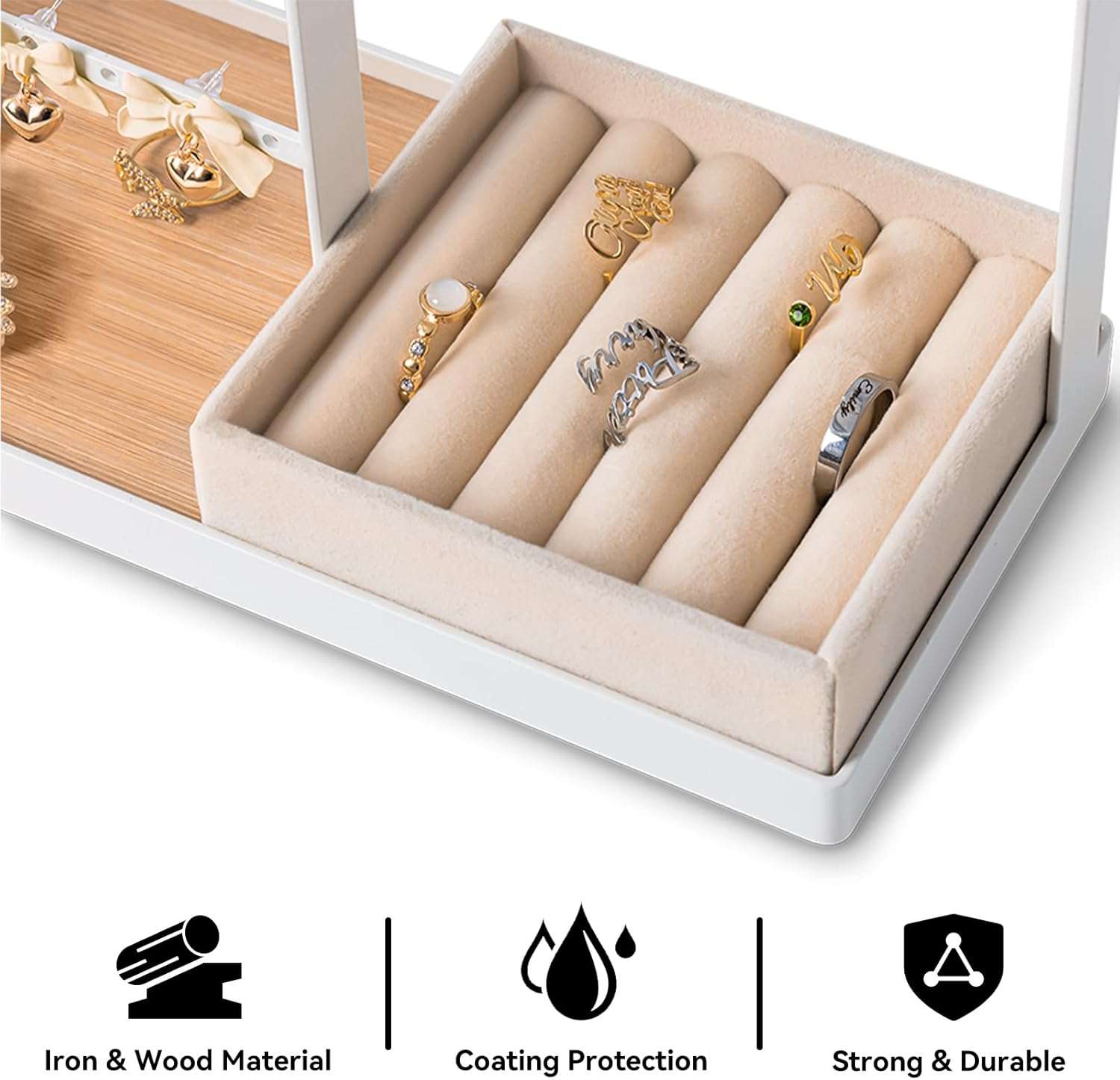 DreamGenius Jewelry Organizer Stand with Velvet Ring Holder, 4 Tier Jewelry Holder Organizer with 15 Hooks for Necklaces and 16 Holes for Earrings, White - 4